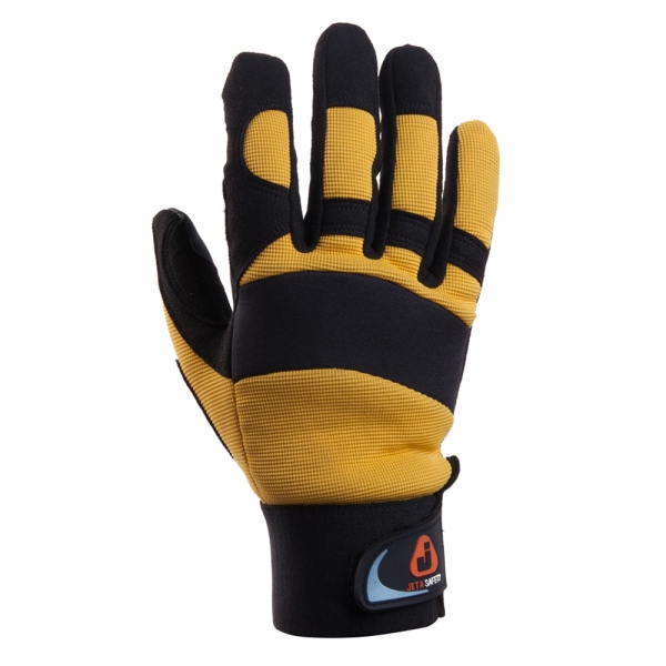 Перчатки защитные трикотажные с ладонной стороны из искусственной кожи от вибрации, черно-желтые